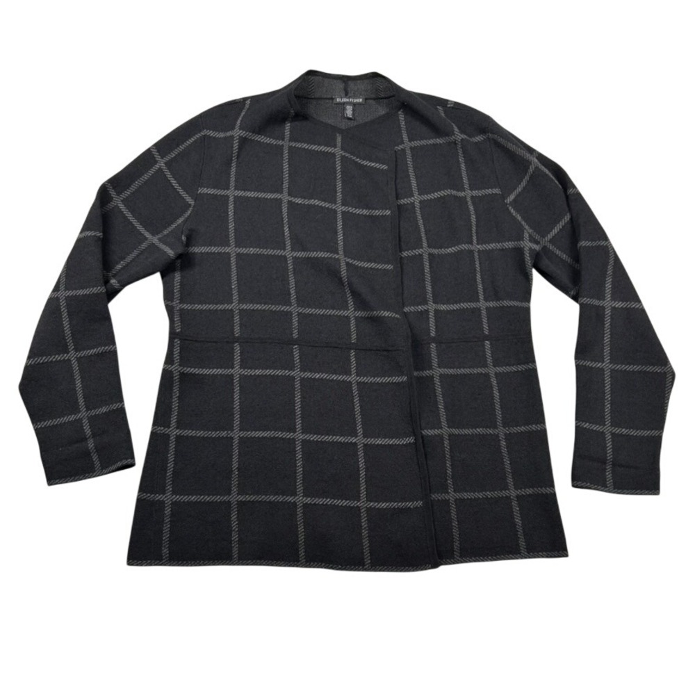 Eileen Fisher Sweater Womens M Windowpane Organic Linen Open Front Black Gray